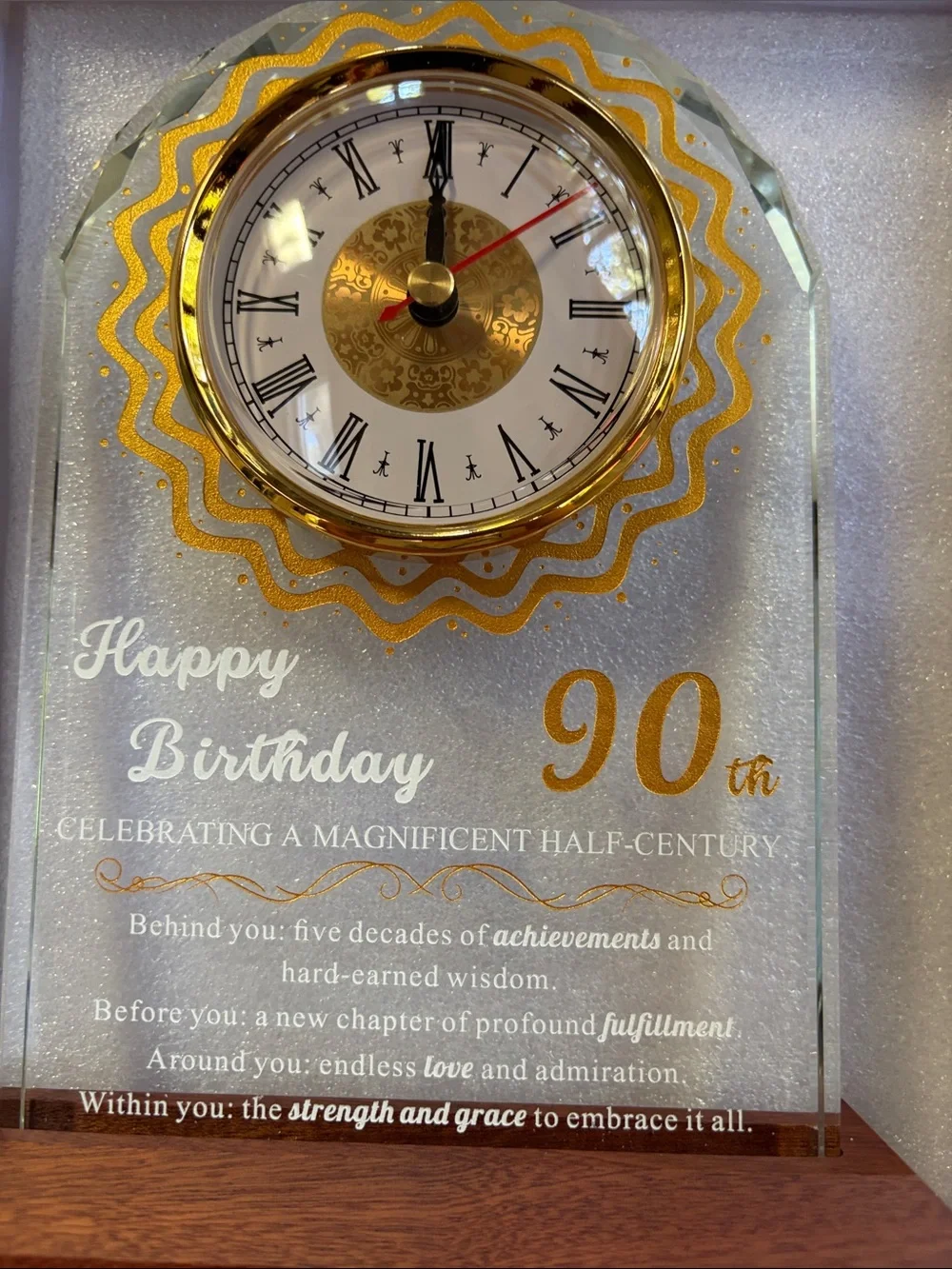 Gold Accent 90th Birthday Glass Clock Plaque